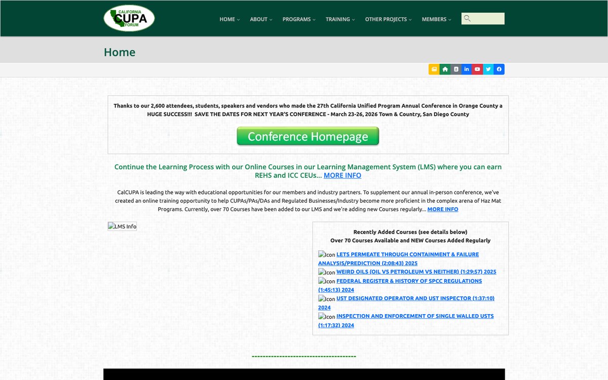The CalCUPA homepage before the refresh - centred blocks of text with no layout