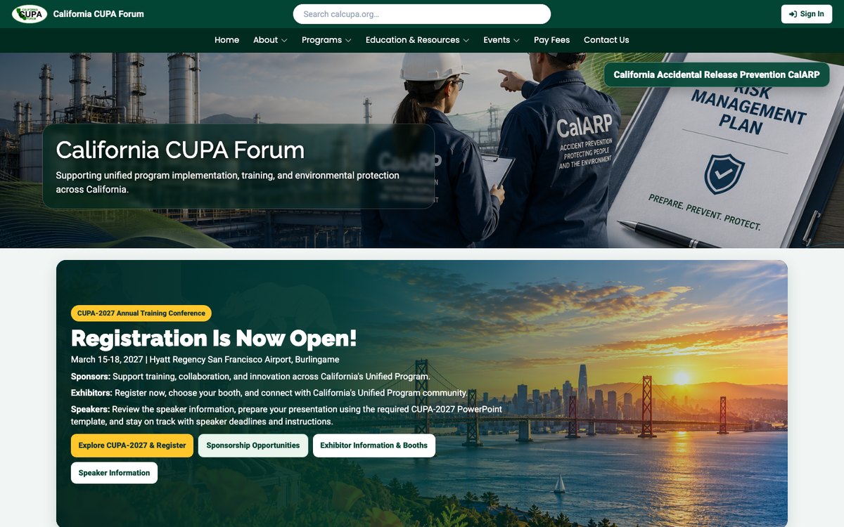 The CalCUPA homepage after the refresh - banner, structured navigation and a conference registration block